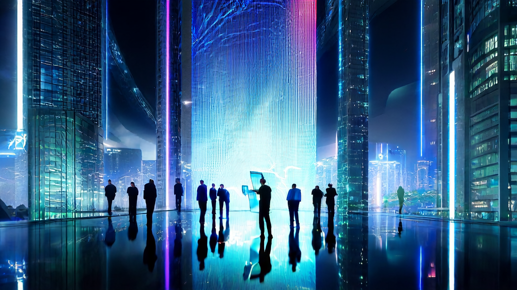 AI-powered cross-border e-commerce marketing and security audit tools in a futuristic cityscape