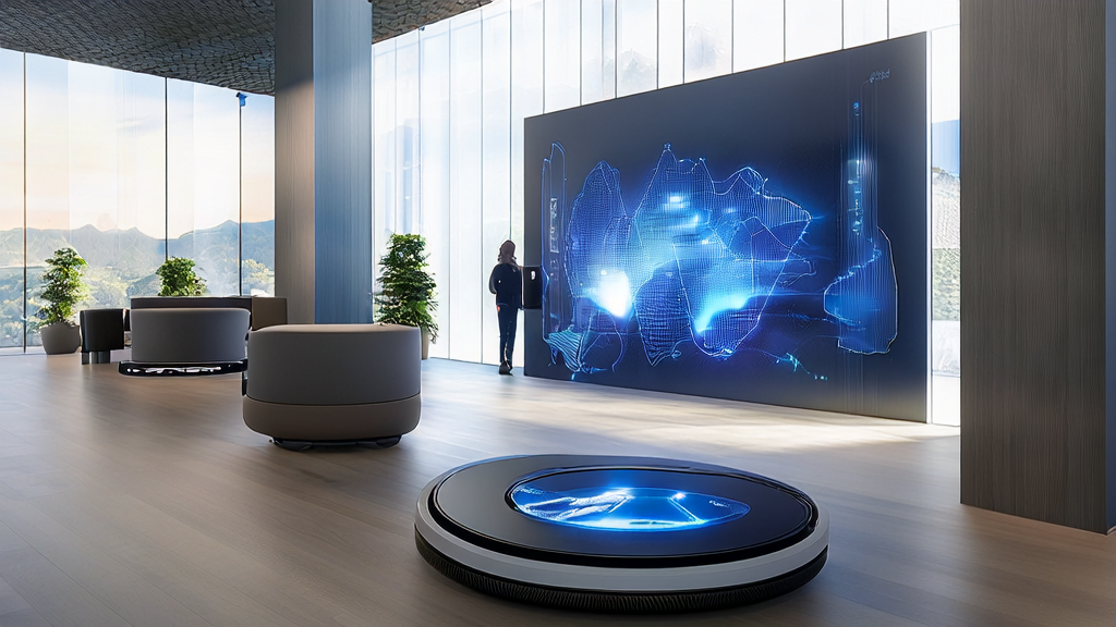In a bright smart home showroom, the Ecovacs robotic vacuum cleaner is cleaning while international customers watch AI-generated product demos on tablets, with a large screen displaying data analysis from Alibaba Cloud.