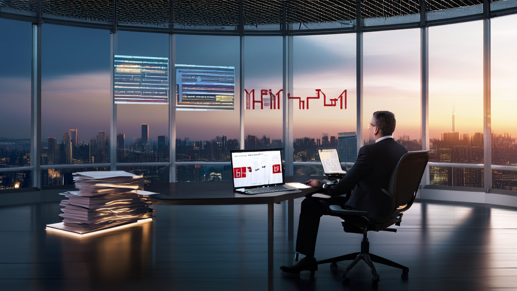 一位律师在现代化办公室中使用ChatGPT生成法律文件，背景为城市天际线和AI技术图表，暗示AI应用的法律风险。