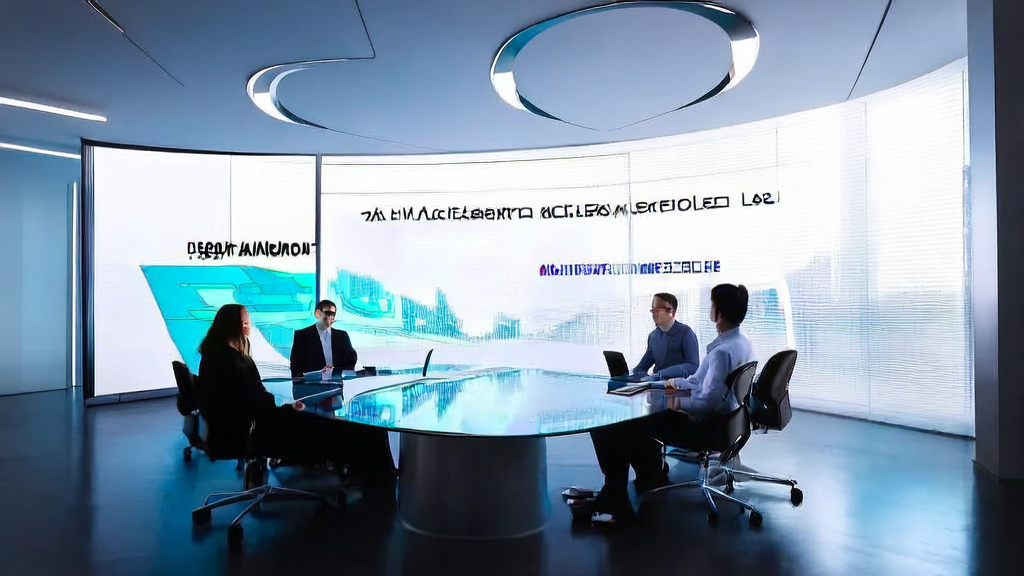 A modern tech company's meeting room where team members are discussing how to optimize customer acquisition strategies using AI technology.