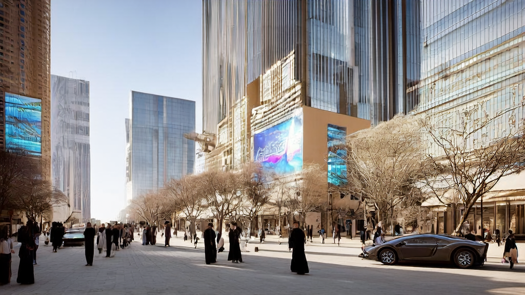 中东城市街头展示最新AI技术的广告牌和无人驾驶汽车