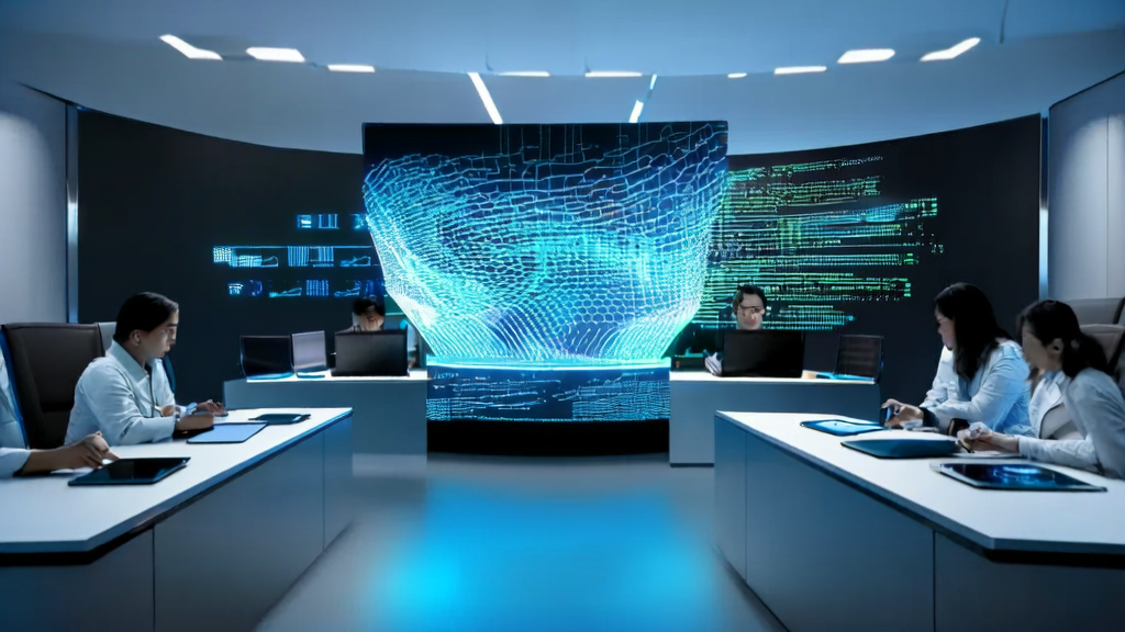 Modern office employees using AI technology for customer data collection and high-conversion email strategy planning
