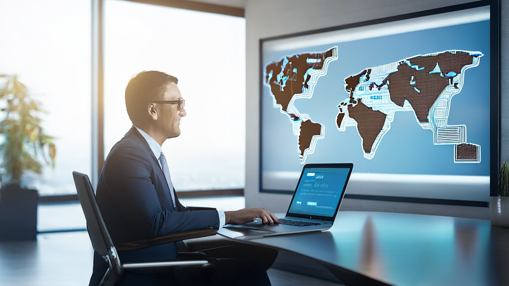 外贸企业CEO在现代化办公室中利用AI技术通过LinkedIn获取优质客户