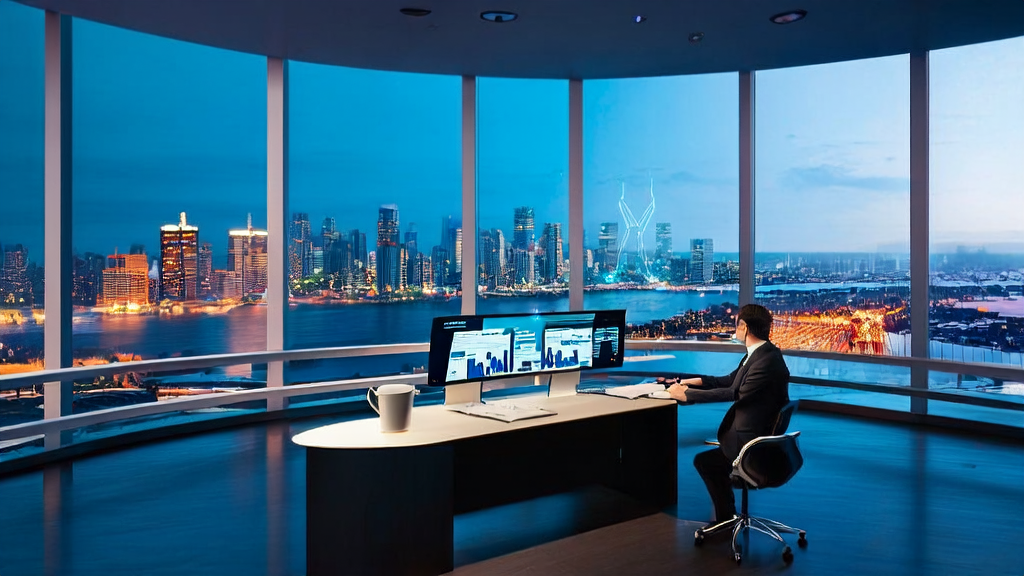 在现代化办公室中，年轻商务人士使用AI工具筛选LinkedIn客户数据，并展示淘宝新推出的AI导购助手功能。