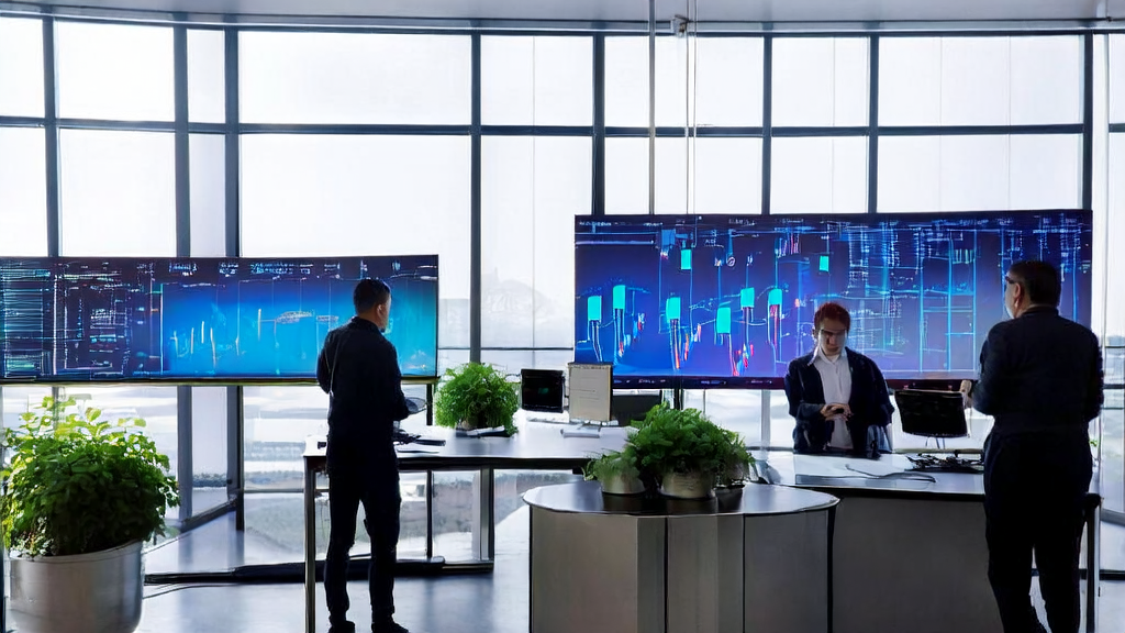 In a sunny modern office, employees are using AI tools for customer data analysis