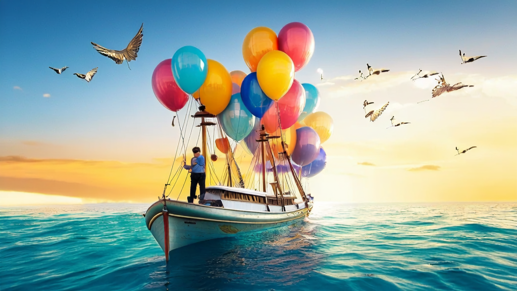 An AI-powered boat sailing towards global markets, symbolizing SaaS companies leveraging AI technology to expand into international markets