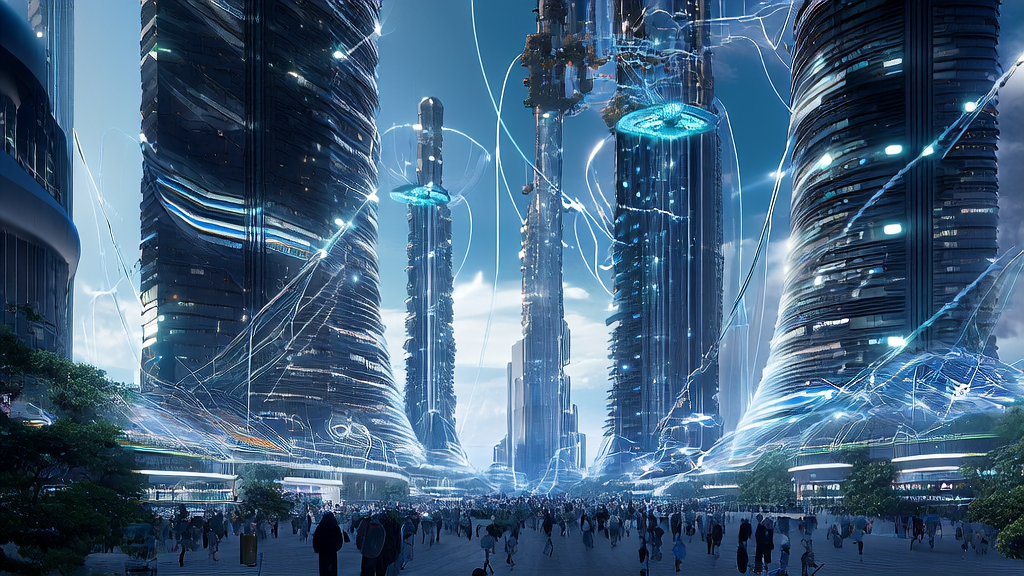 未来城市中利用AI技术进行精准获客的场景，包括卫星天线、无人驾驶汽车和实时数据分析。