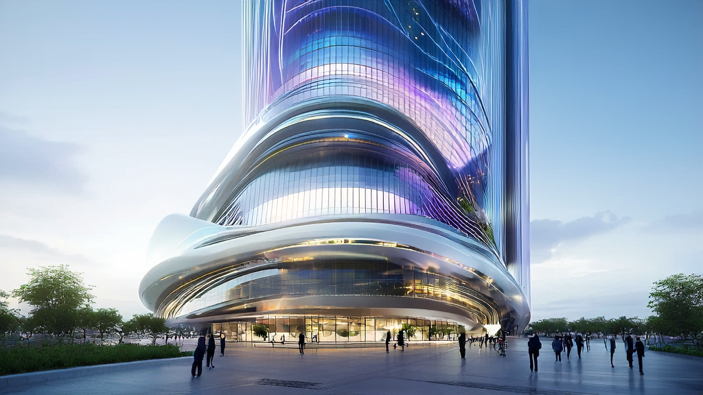 A smart building in a futuristic city with Figure 03 humanoid robot providing tour services to visitors