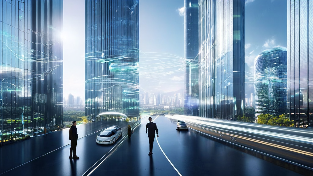 In a futuristic city skyline, young entrepreneurs use AI technology to achieve precise customer acquisition for cross-border e-commerce