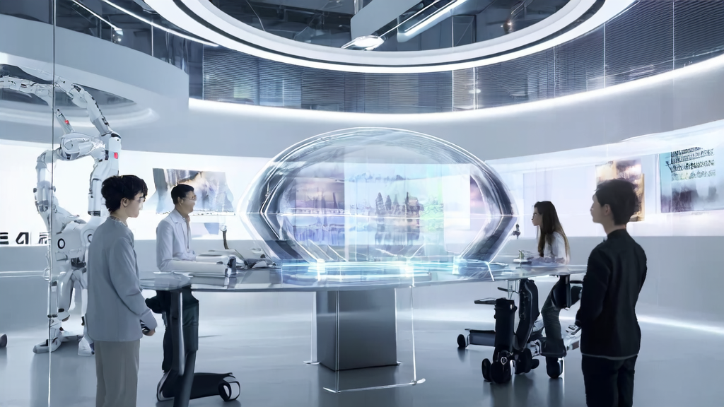 Futuristic office with designers and marketing experts using Figma AI image editing tools and a smart robot for precise customer acquisition and email marketing optimization