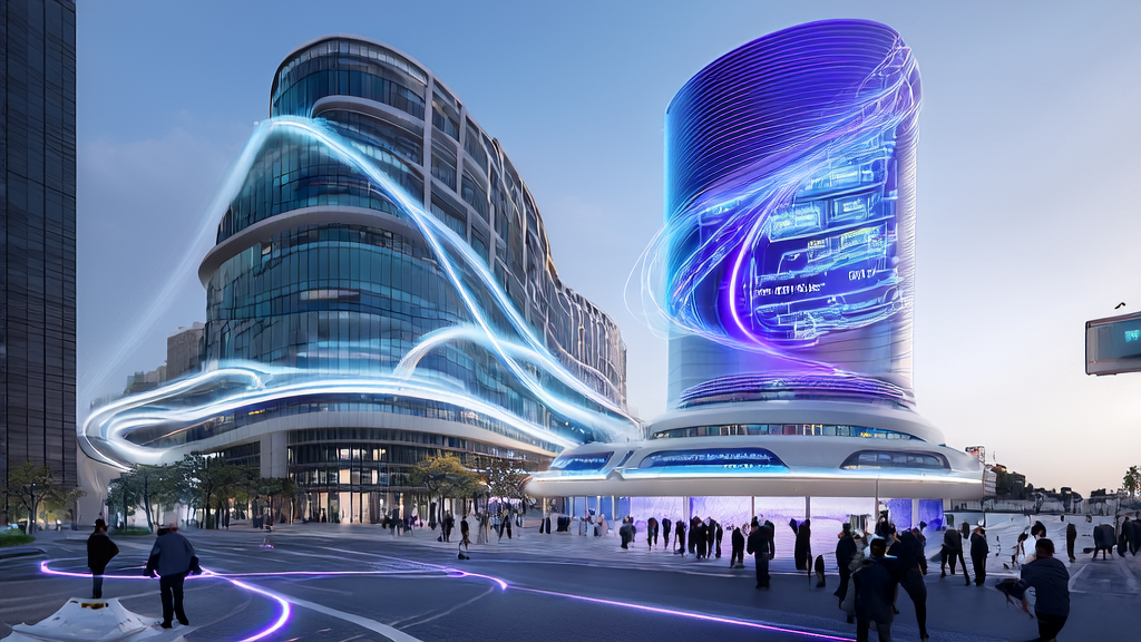 A futuristic city where cross-border e-commerce businesses use AI technology for precise customer acquisition and enhanced development experience