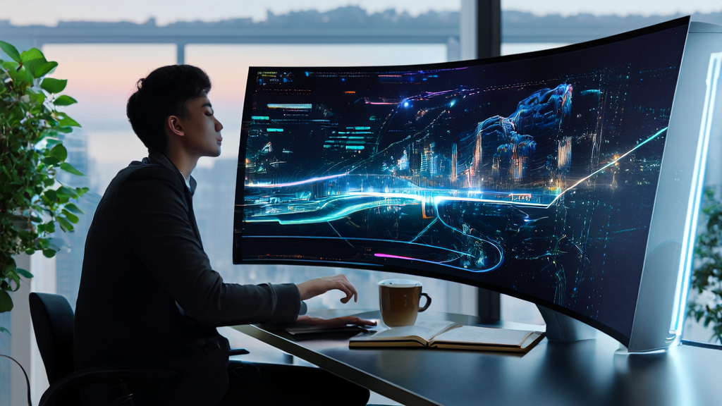 In a futuristic office, a marketing expert uses AI technology to optimize email marketing and improve customer response rates