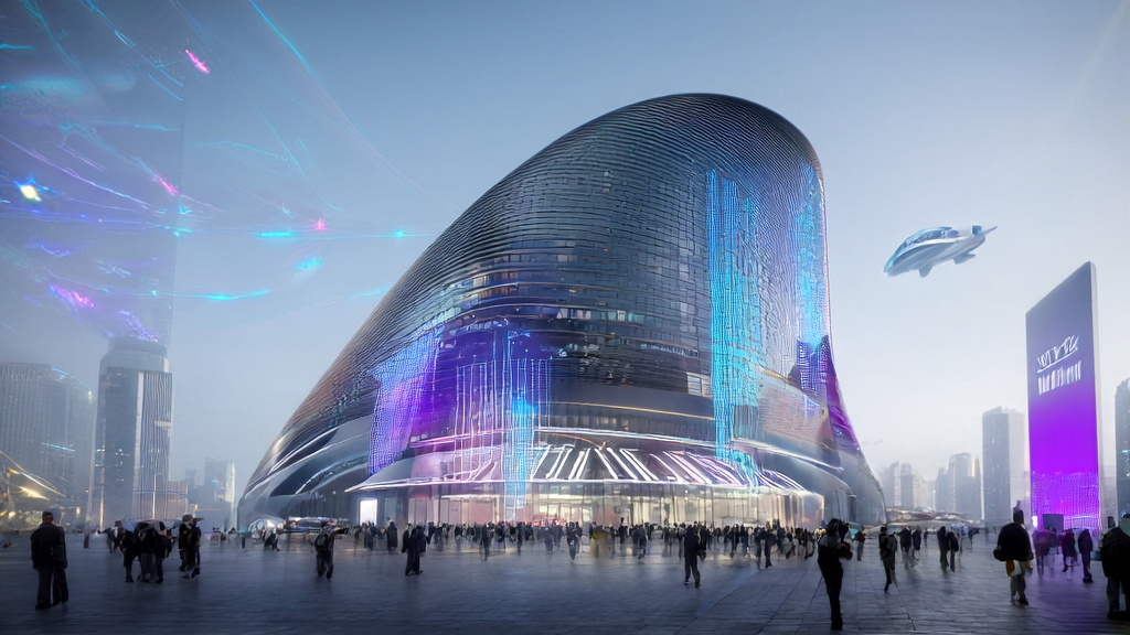 未来城市的高楼大厦展示字节跳动AI精准获客技术，人们热烈讨论AI应用前景