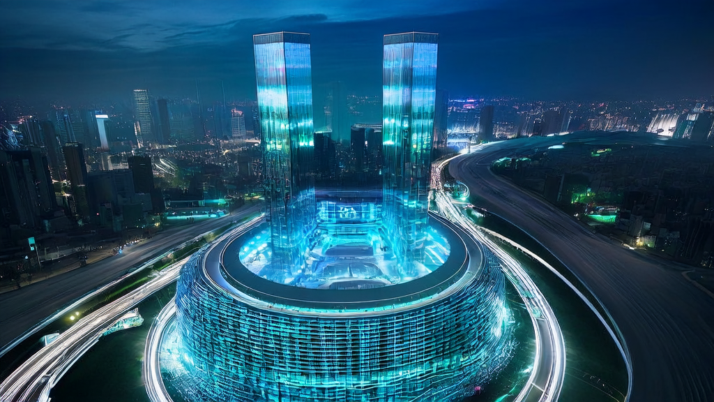 未来城市的AI精准获客技术应用场景,展示大数据分析、智能机器人和跨境电商企业的高效合作。