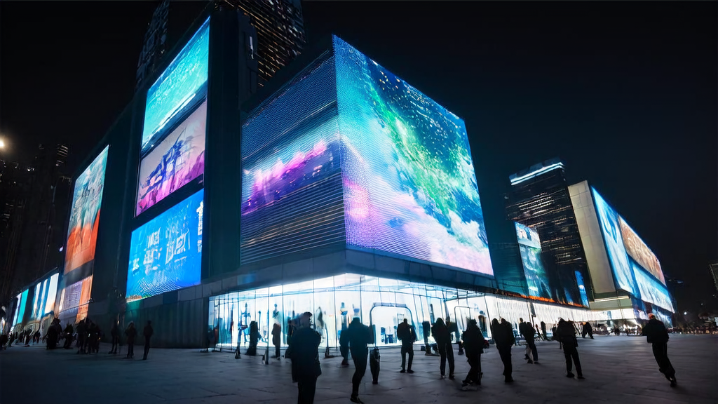 A futuristic city scene where AI technology is used for precise advertising targeting