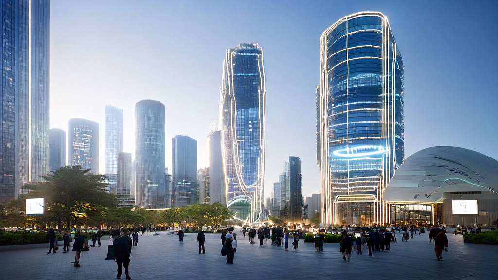 未来城市中的AI精准获客场景：智能广告牌和数据分析图表展示自动化广告投放和客户筛选的过程