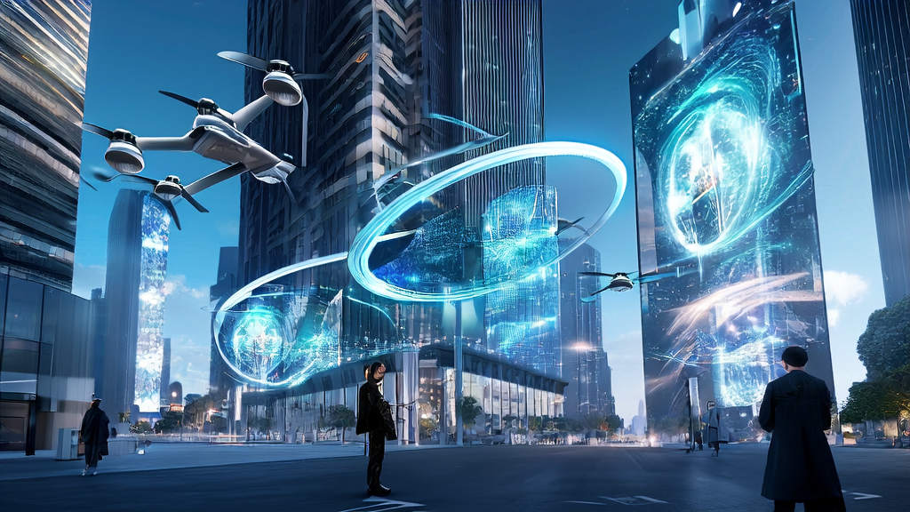 Entrepreneur using AI assistant to optimize ad placement strategies in a futuristic city