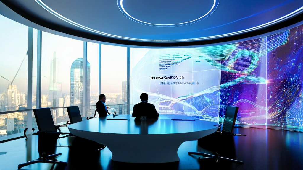 Business professionals discussing the application prospects of AI precise acquisition in the B2B market in a futuristic conference room