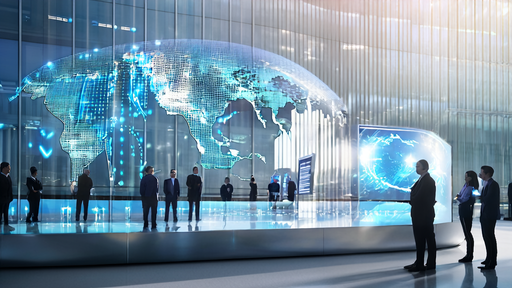 AI precise customer acquisition breaking growth bottlenecks: Technicians using AI to optimize ad placements and customer service, with a global map showing customer interaction points and a smart robot conducting real-time calls.