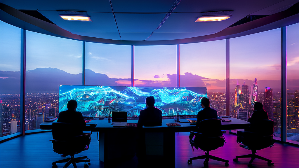 工程师们在高科技办公室中使用AI技术进行跨境电商精准获客分析