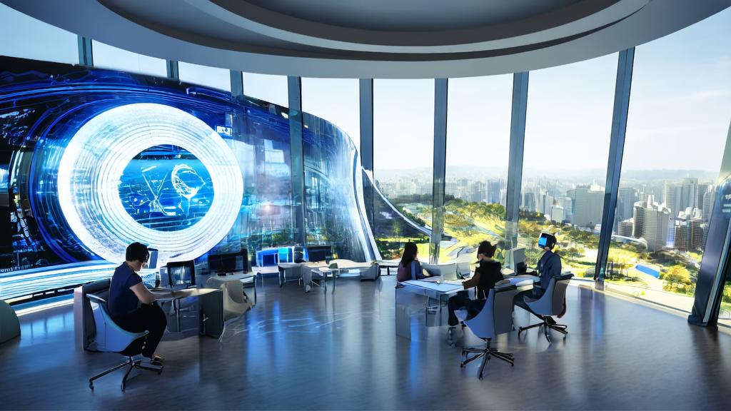 In a modern office building in the city center, employees use AI technology for precise customer acquisition, multilingual content generation, and ad optimization, with sunlight illuminating the entire office through large windows.