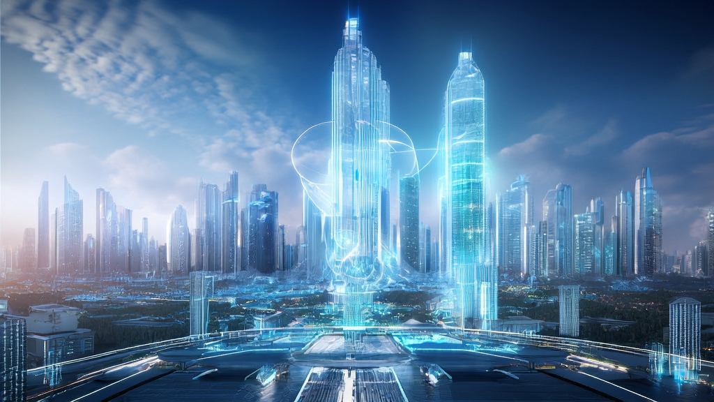 A futuristic city showcasing AI-powered precise customer acquisition for cross-border e-commerce, highlighting efficient ad targeting and customer engagement.