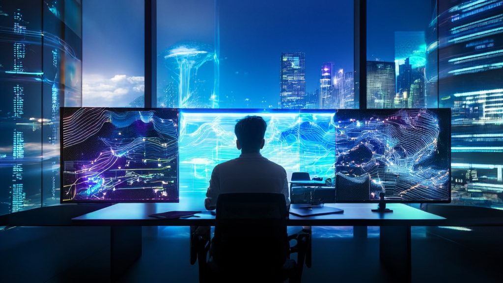 Future cross-border e-commerce office showcasing AI-optimized email marketing and advertising performance