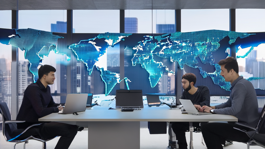 Entrepreneurs in a modern office discussing AI-based customer acquisition for cross-border e-commerce