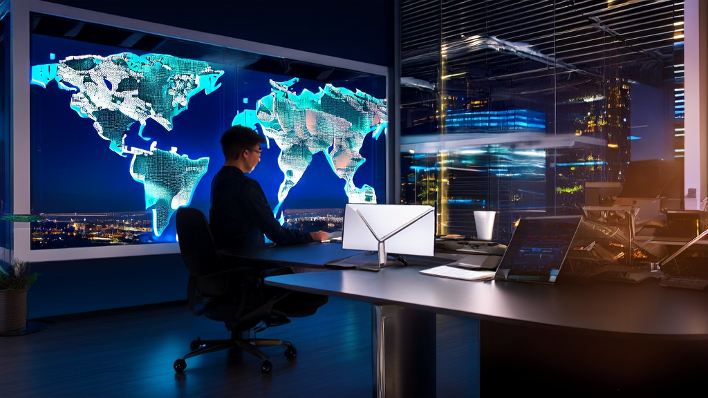 现代办公室内，创业者们利用AI技术进行精准获客和图像编辑，提升跨境电商营销效果