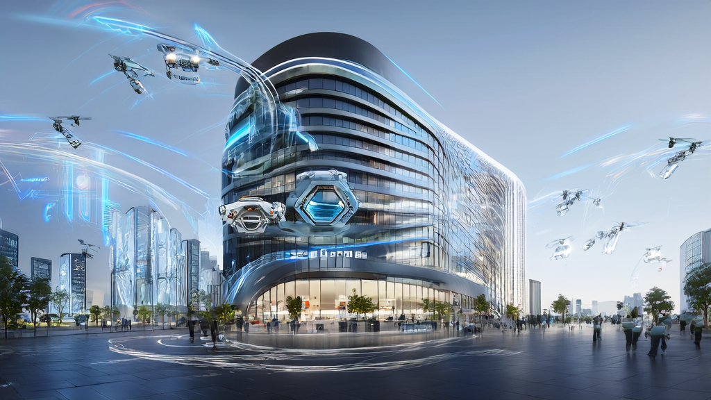 A futuristic city scene showcasing AI-driven customer acquisition, featuring a modern office building, robots, and drones, highlighting new opportunities and challenges in cross-border commerce.