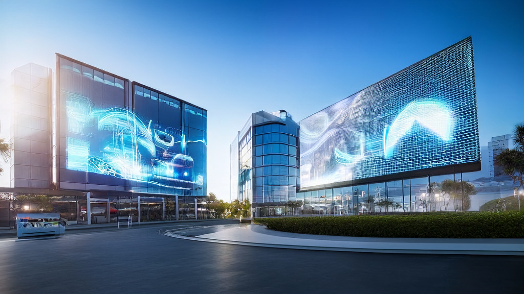 阳光下的高科技大厦展示AI客户预测模型和智能设备，帮助跨境电商减少无效投入并提升获客效率。