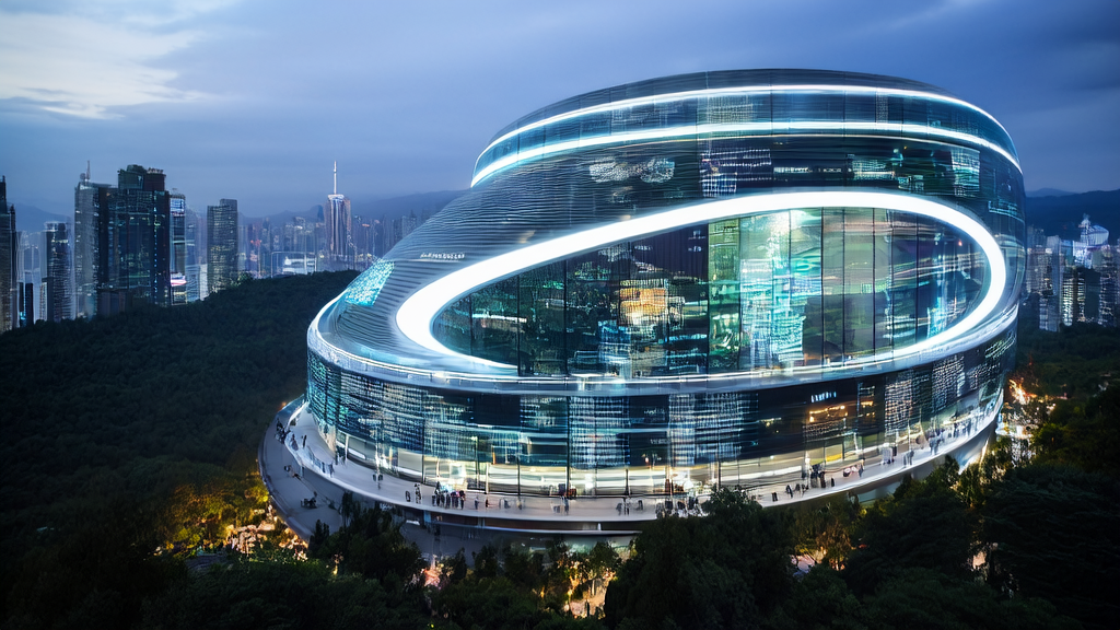 AI-driven cross-border e-commerce hub in a futuristic city with robots and brain-computer interfaces for precise customer acquisition