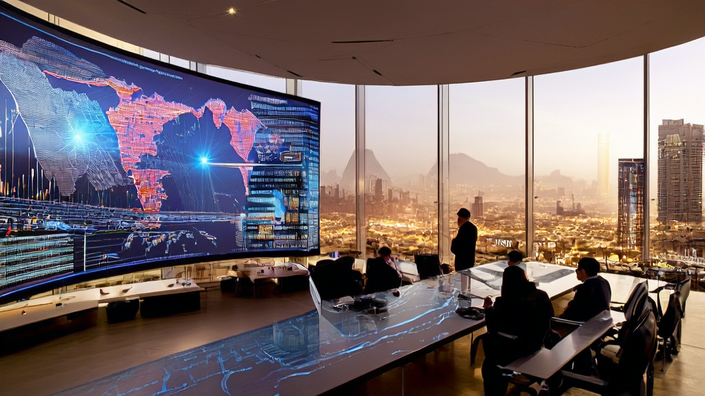 A modern cross-border e-commerce office in the Middle East where staff use AI technology for precise customer acquisition and optimized ad placement.