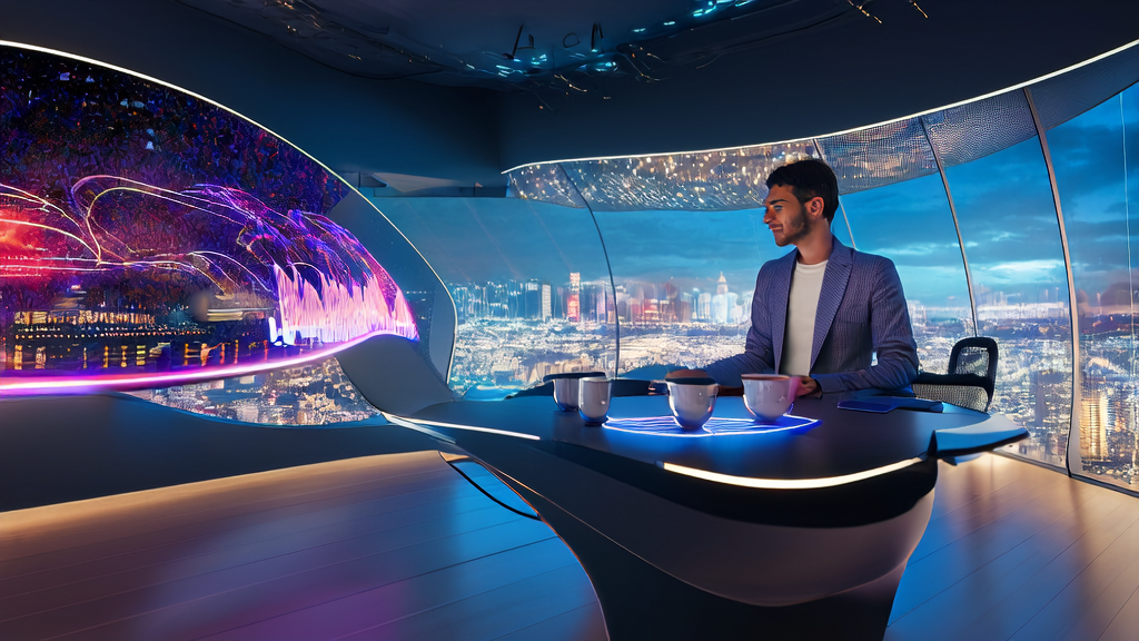 在充满未来感的办公室中,一位创业者正在分析AI客户预测模型的数据,背景是城市夜景和AI艺术家Xania Monet的艺术作品。