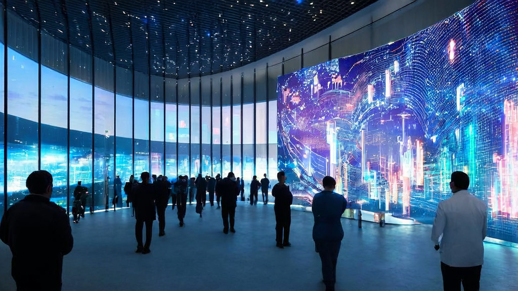 未来城市中的现代化办公楼，展示了AI技术在跨境电商中的应用，包括数据监控和智能机器人助手。