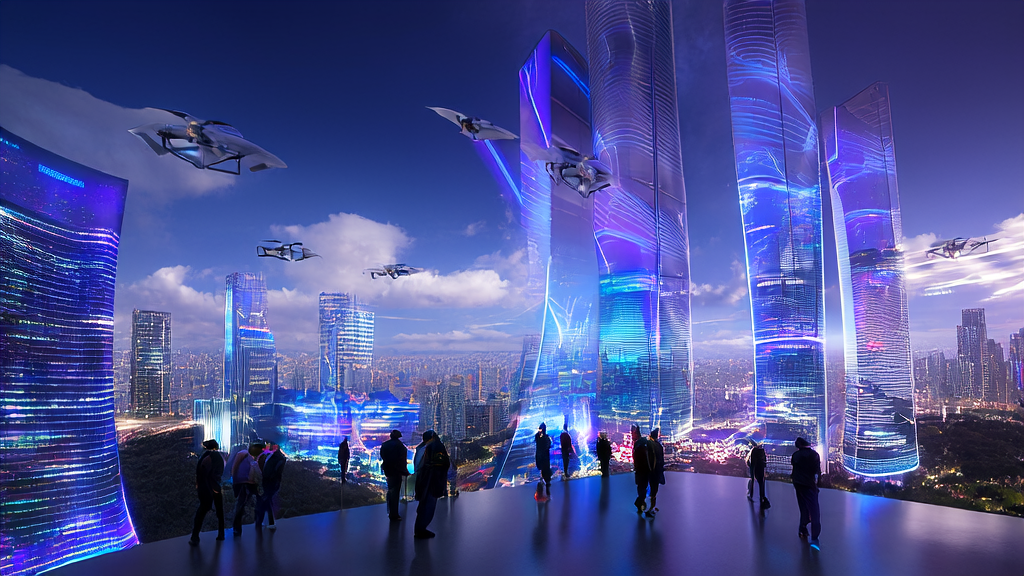 In a futuristic city, a data analyst collaborates with a global team via holographic projection to discuss AI-driven precise customer acquisition and optimized ad placement.