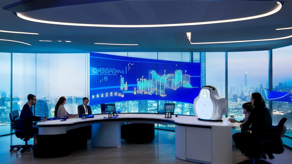 现代化企业办公室中,智能机器人正在帮助员工进行AI数据分析,背景墙上有IBM标志,象征数字化转型。