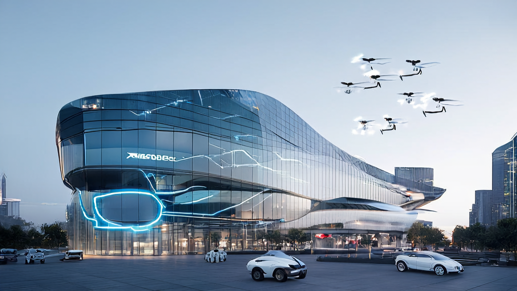 AI Precise Acquisition: The Efficient Path for B2B in 2025, showcasing a modern corporate headquarters, busy AI robots, and efficient drone-based email marketing in a futuristic cityscape