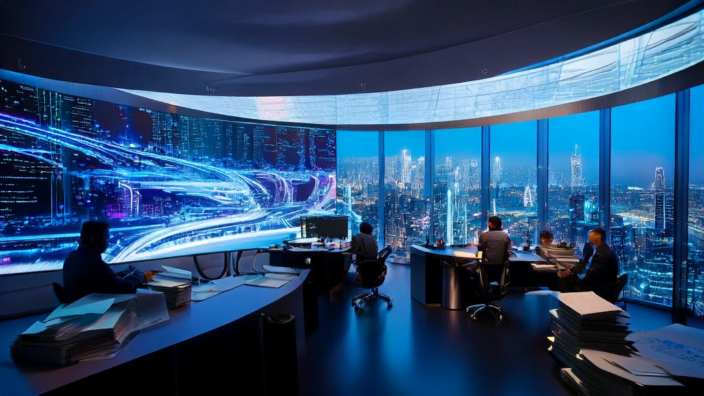 在现代化办公室中，工程师们利用AI技术优化邮件营销策略，背景墙上挂着亚马逊和微软的标志，象征着当前的裁员潮。