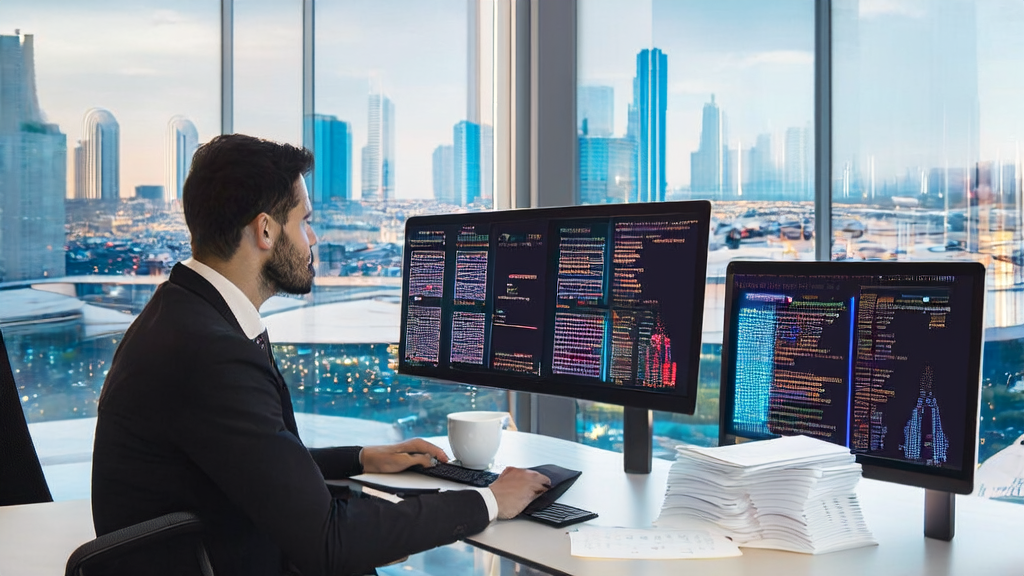 一位外贸企业的员工在现代化办公环境中使用AI精准获客系统,屏幕上显示多语言营销内容,桌上放着客户数据表。