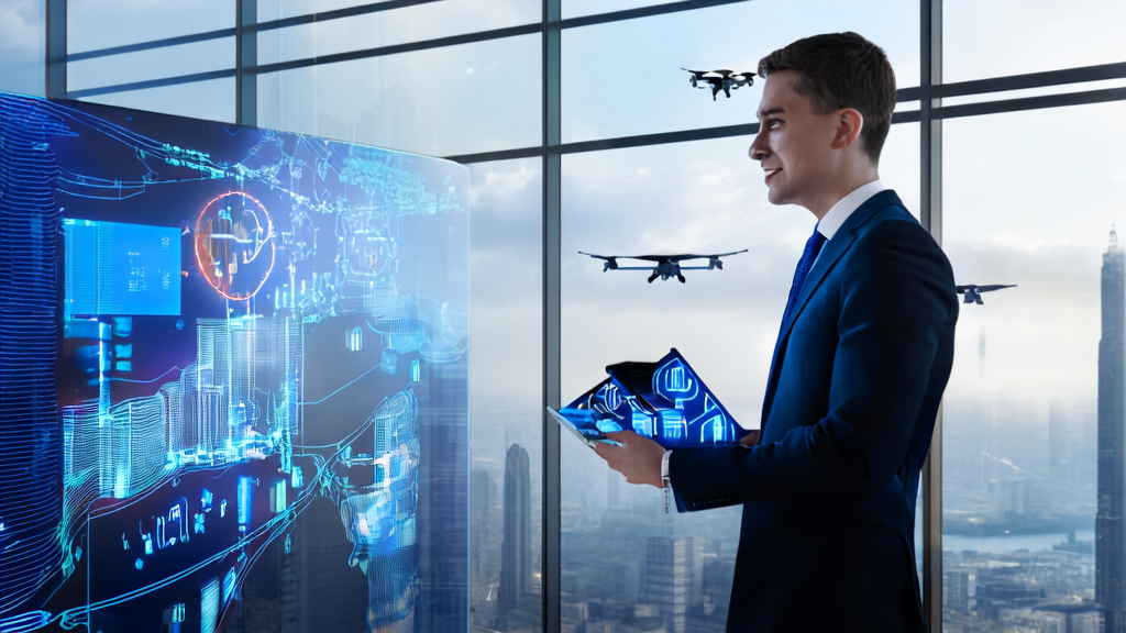 年轻创业者在现代化办公室中使用AI技术进行精准广告投放分析