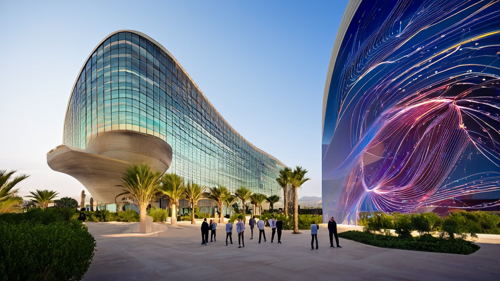 Modern building in Abu Dhabi technology park showcasing the latest AI achievements, the NANDA87B model