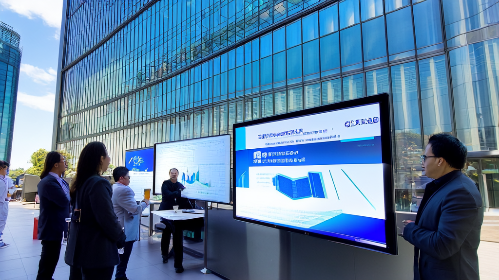 阳光明媚的早晨，外贸企业员工讨论AI优化广告投放，大楼玻璃幕墙反射蓝天白云，展示“Tencent HY”平台界面和用户画像分析。