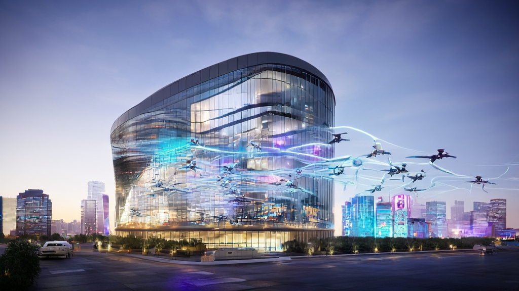 A modern foreign trade company office building in a futuristic city, with robots interacting with customers and drones delivering goods, showcasing new opportunities brought by AI technology.
