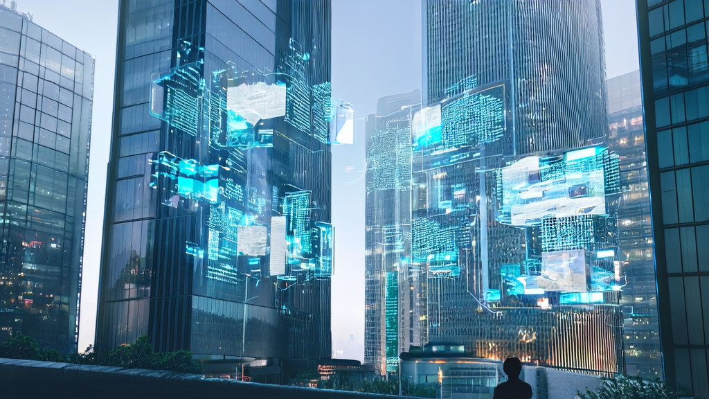 未来城市中利用AI技术进行精准获客的场景，包括自动化邮件营销和视频生成技术