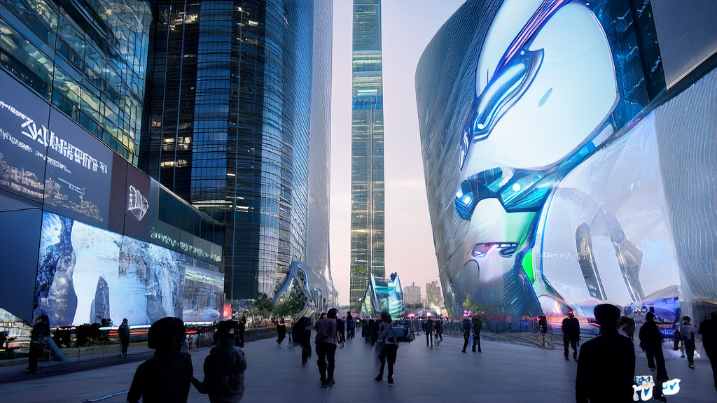 In a futuristic city street, the "Embodied Avatar" robot by Unitree Technology interacts with a virtual user, showcasing the application of AI precise acquisition.