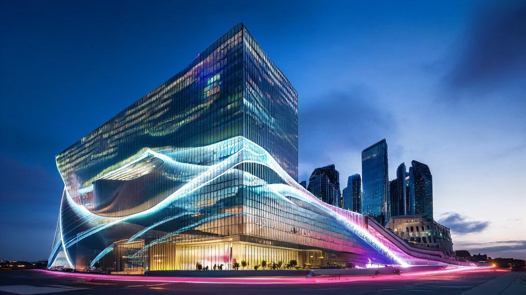 A futuristic city with a cross-border e-commerce headquarters showcasing an Apple M5 chip ad screen, emphasizing AI precise acquisition and optimized ad placement