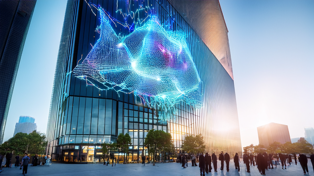 In a futuristic city, professionals discuss AI-driven advertising strategies in front of a building symbolizing Microsoft and OpenAI's collaboration, with data streams and algorithm charts in the background.