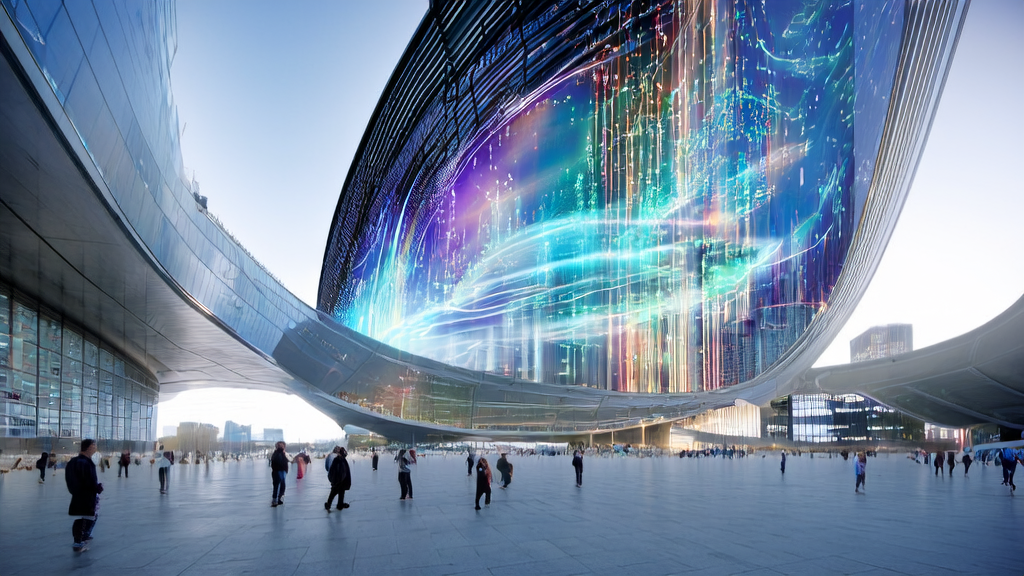 未来城市的办公楼内,数据科学家们利用AI技术进行精准获客和广告投放优化,大楼外的巨大广告屏幕展示个性化广告内容。