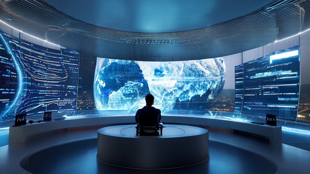 未来城市中的AI精准获客控制中心，展示广告投放优化和全球市场动态